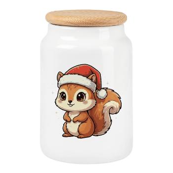 Christmas Squirrel with Santa Hat - Cookie Jar with Wooden Lid - white - Front