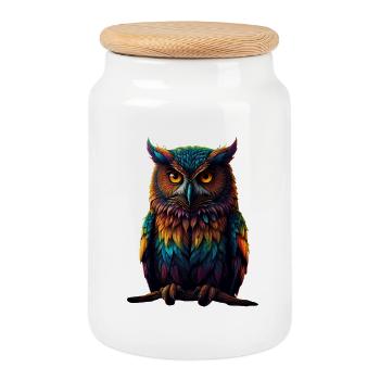 Plumes de hibou colorées, yeux néon - Boîte à biscuits avec couvercle en bois - blanc - Devant
