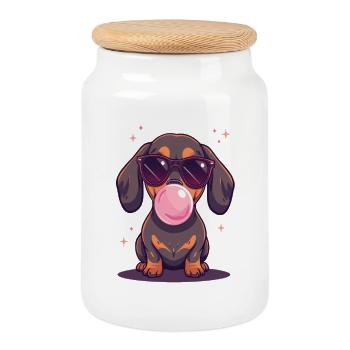 Dachshund with sunglasses and chewing gum - Cookie Jar with Wooden Lid - white - Front
