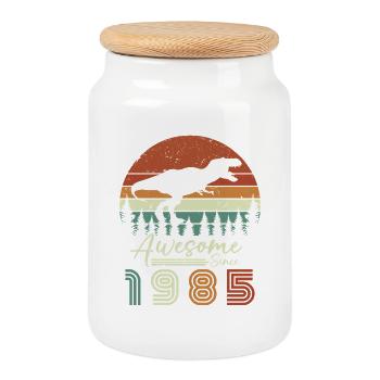 awsome_since_dinaseur_1985 - Cookie Jar with Wooden Lid - white - Front