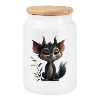 Waldgoblin-Katze mit Hörnern - Keksdose mit Holzdeckel - Weiß - Vorne