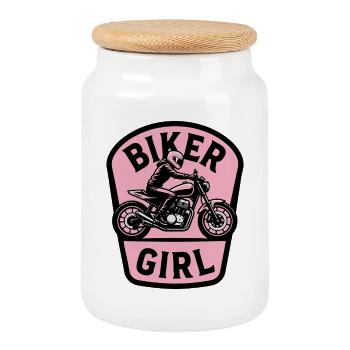 Biker Girl Motorcycle Bikerin - Keksdose mit Holzdeckel - Weiß - Vorne