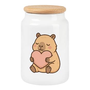 Capybara with Heart Pillow – Sweet Cozy Motif - Cookie Jar with Wooden Lid - white - Front