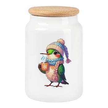 Winterkuschel Vogel mit Becher - Keksdose mit Holzdeckel - Weiß - Vorne