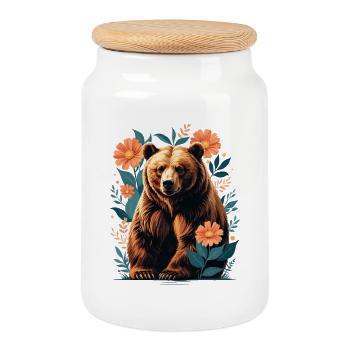Brown bear in a flower frame - Cookie Jar with Wooden Lid - white - Front