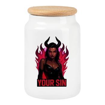 Demon Your Sin, Hot Hell, Seduction - Cookie Jar with Wooden Lid - white - Front