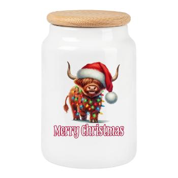 Hochlandrind mit Weihnachtsmütze Merry Christmas - Keksdose mit Holzdeckel - Weiß - Vorne