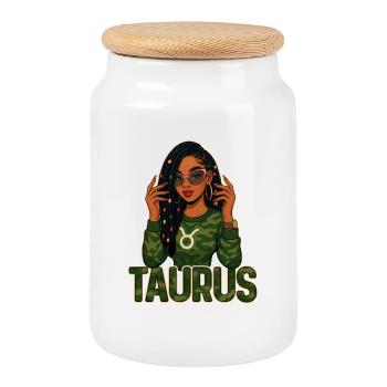Taurus Queen – Loc'd Afro Girl Grounded Power - Cookie Jar with Wooden Lid - white - Front