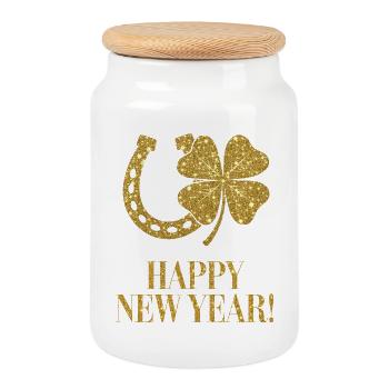 Kleeblatt Hufeisen Glück golden Happy New Year  - Keksdose mit Holzdeckel - Weiß - Vorne