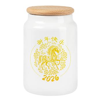 Year Of Horse 2026 Chinese Zodiac Chinese New Year - Cookie Jar with Wooden Lid - white - Front