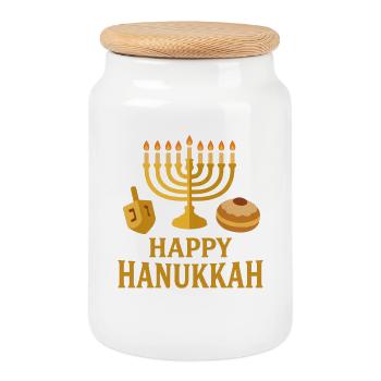 Menorah d’or : Joyeux Hanoukka - Boîte à biscuits avec couvercle en bois - blanc - Devant