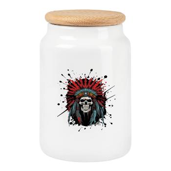 Skull with Feather Crown – Tribal Design - Cookie Jar with Wooden Lid - white - Front