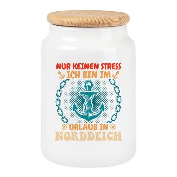 Nordsee Urlaub NUR KEINEN STRESS BIN IM URLAUB - Keksdose mit Holzdeckel - Weiß - Vorne
