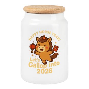 Happy 2026 Horse Year Kawaii - Cookie Jar with Wooden Lid - white - Front