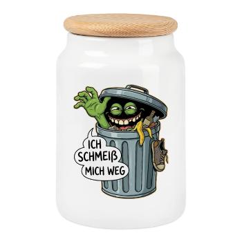 Monstre des déchets : Je me jette à la poubelle - Boîte à biscuits avec couvercle en bois - blanc - Devant