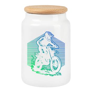 Characterful motocross design - Cookie Jar with Wooden Lid - white - Front