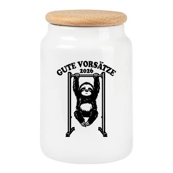 Sloth | Pull-up, Fitness, New Year's Resolutions 2026 - Cookie Jar with Wooden Lid - white - Front