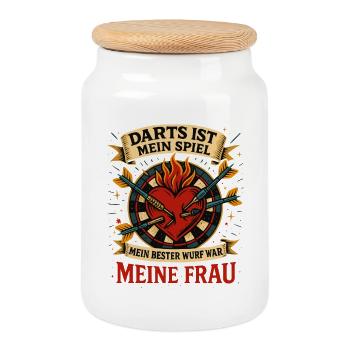 Mein bester Wurf war meine Frau – Darts Herz Shirt - Keksdose mit Holzdeckel - Weiß - Vorne