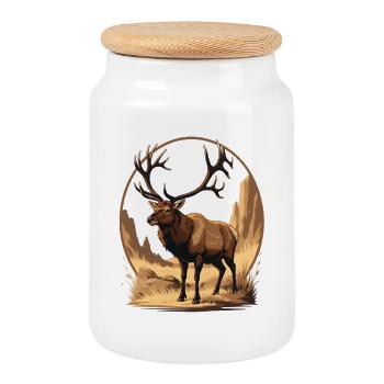 Hirsch Illustration in Felsiger Wildnislandschaft - Keksdose mit Holzdeckel - Weiß - Vorne
