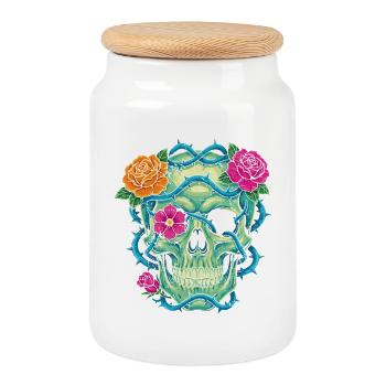 Floral Skull - skull art - Cookie Jar with Wooden Lid - white - Front