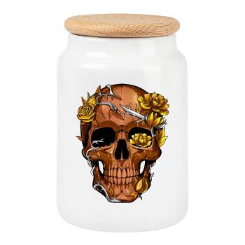 Crâne floral doré barbelé - Boîte à biscuits avec couvercle en bois - blanc - Devant