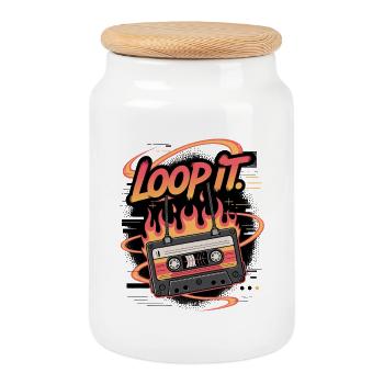 Retro Cassette Loop It Music Design - Cookie Jar with Wooden Lid - white - Front
