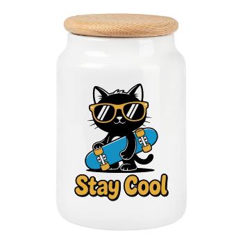 Stay Cool Cat Skateboard - Cookie Jar with Wooden Lid - white - Front