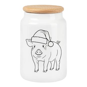 Pig with Santa Hat Illustration - Cookie Jar with Wooden Lid - white - Front