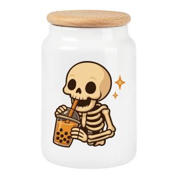 Skeleton with Bubble Tea kawaii Skeleton - Cookie Jar with Wooden Lid - white - Front