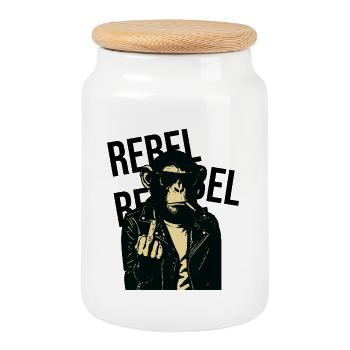 Rebel Simian in Leather - Cookie Jar with Wooden Lid - white - Front