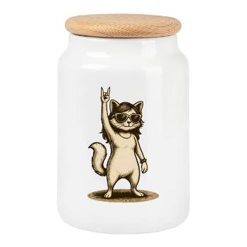 Chat de pierre avec lunettes de soleil Signe de la main - Boîte à biscuits avec couvercle en bois - blanc - Devant