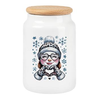  Winter Schneemann Mädchen mit Leopardenmuster - Keksdose mit Holzdeckel - Weiß - Vorne
