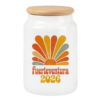 Fuerteventura 2026 Retro Sonnenaufgang - Keksdose mit Holzdeckel - Weiß - Vorne