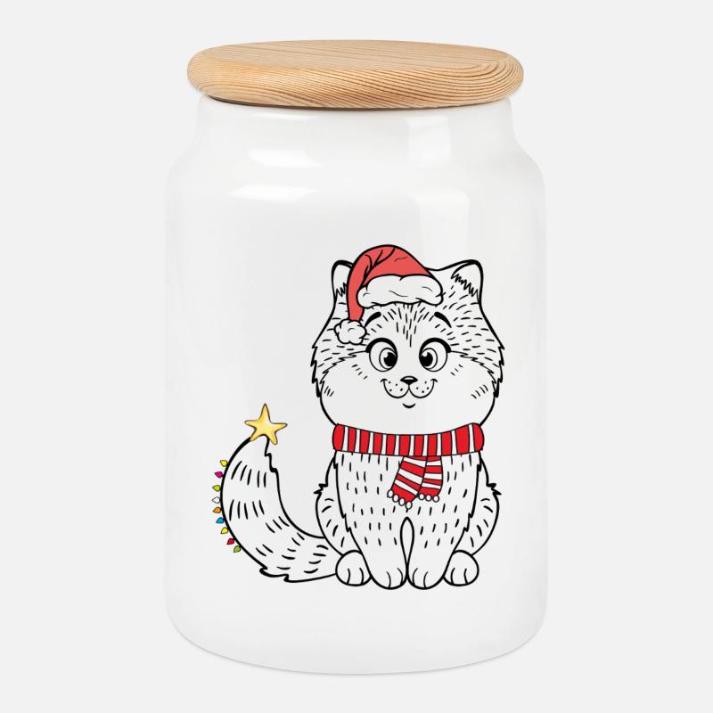Weihnachten Katze - Keksdose mit Holzdeckel - Weiß