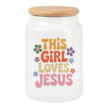 This Girl Loves Jesus - Cookie Jar with Wooden Lid - white - Front