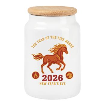 L’Année du Cheval de Feu 2026 Réveillon du Nouvel An - Boîte à biscuits avec couvercle en bois - blanc - Devant