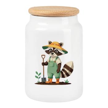 Gardener Raccoon Illustration Cute - Cookie Jar with Wooden Lid - white - Front