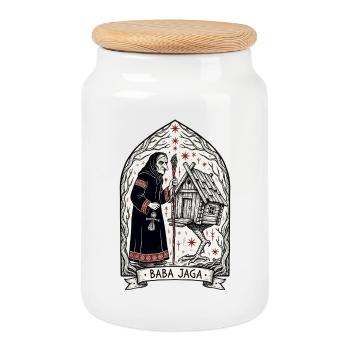 Baba Yaga Dark Slavic Witch Folk Art - Cookie Jar with Wooden Lid - white - Front