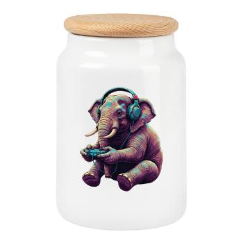 Elephant Games Animal Video Games Funny Elephant - Cookie Jar with Wooden Lid - white - Front