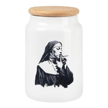 Rebellious Nun – Street Art Black White - Cookie Jar with Wooden Lid - white - Front