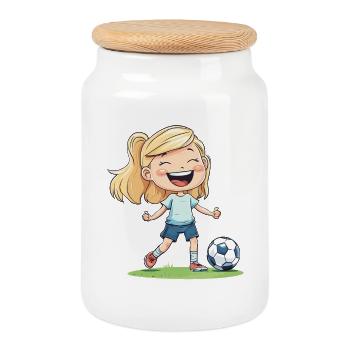 Dessin animé joyeux de l’héroïne du football - Boîte à biscuits avec couvercle en bois - blanc - Devant