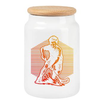 Minimalistisches Floorball Motiv - Keksdose mit Holzdeckel - Weiß - Vorne