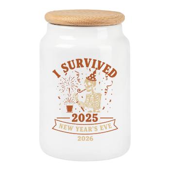 Ich habe Silvester 2025 2026 überlebt - Keksdose mit Holzdeckel - Weiß - Vorne