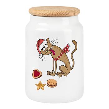 Weihnachtskatze mit Hut und Schal - Keksdose mit Holzdeckel - Weiß - Vorne