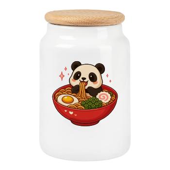 Panda with noodles ramen kawaii panda - Cookie Jar with Wooden Lid - white - Front