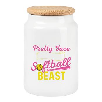 Lass dich vom hübschen Gesicht nicht täuschen, Softball-Biest - Keksdose mit Holzdeckel - Weiß - Vorne