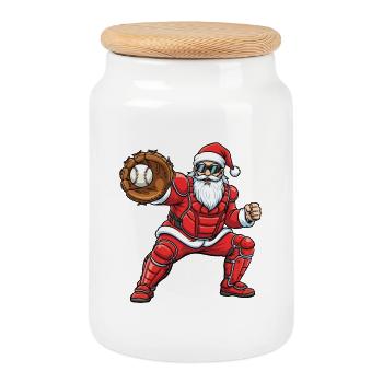 Santa Catcher Baseball Weihnachtsgrafik für Sportfans - Keksdose mit Holzdeckel - Weiß - Vorne