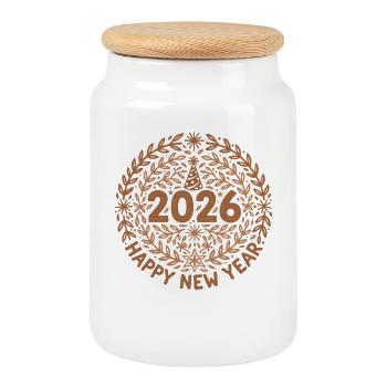 Création de fête de célébration du Nouvel An 2026 - Boîte à biscuits avec couvercle en bois - blanc - Devant