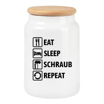 Manger Dormir Faire Vis Répéter - Mécanique Mécanique - Boîte à biscuits avec couvercle en bois - blanc - Devant