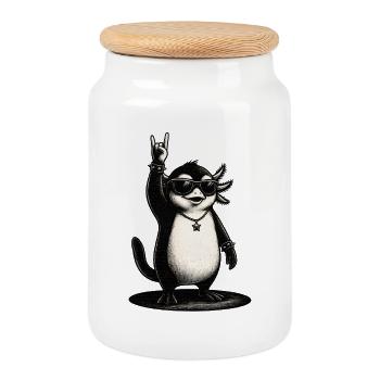 Rock N Roll Pinguin Mit Sonnenbrille - Keksdose mit Holzdeckel - Weiß - Vorne